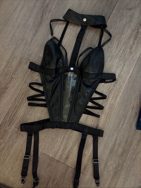 Frederick's of Hollywood Faux Leather Strappy Bodysuit with Garter Belt